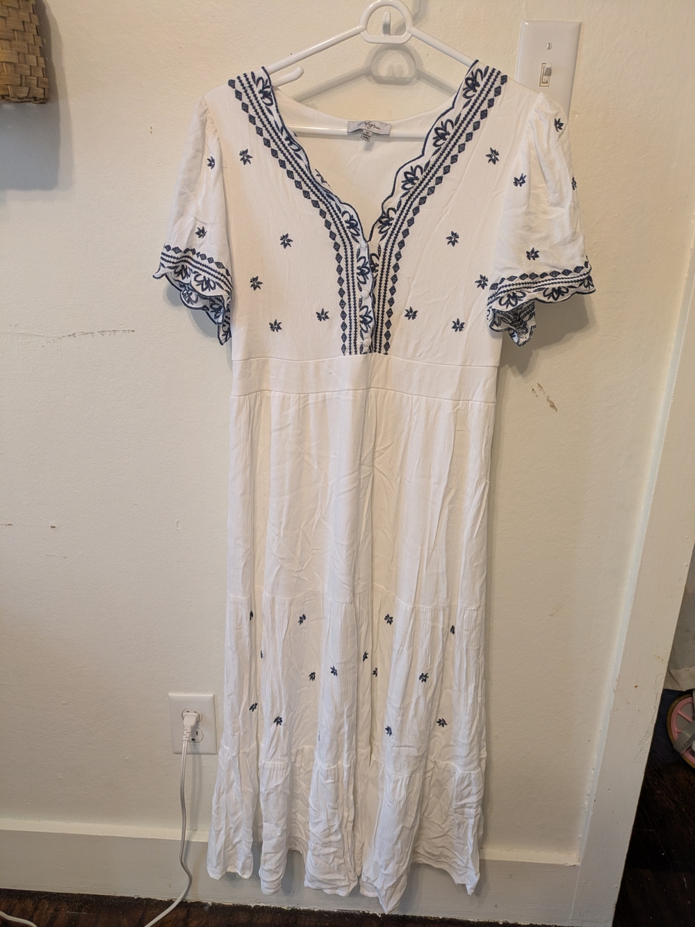 Polagram White Maxi Dress with Navy Embroidery